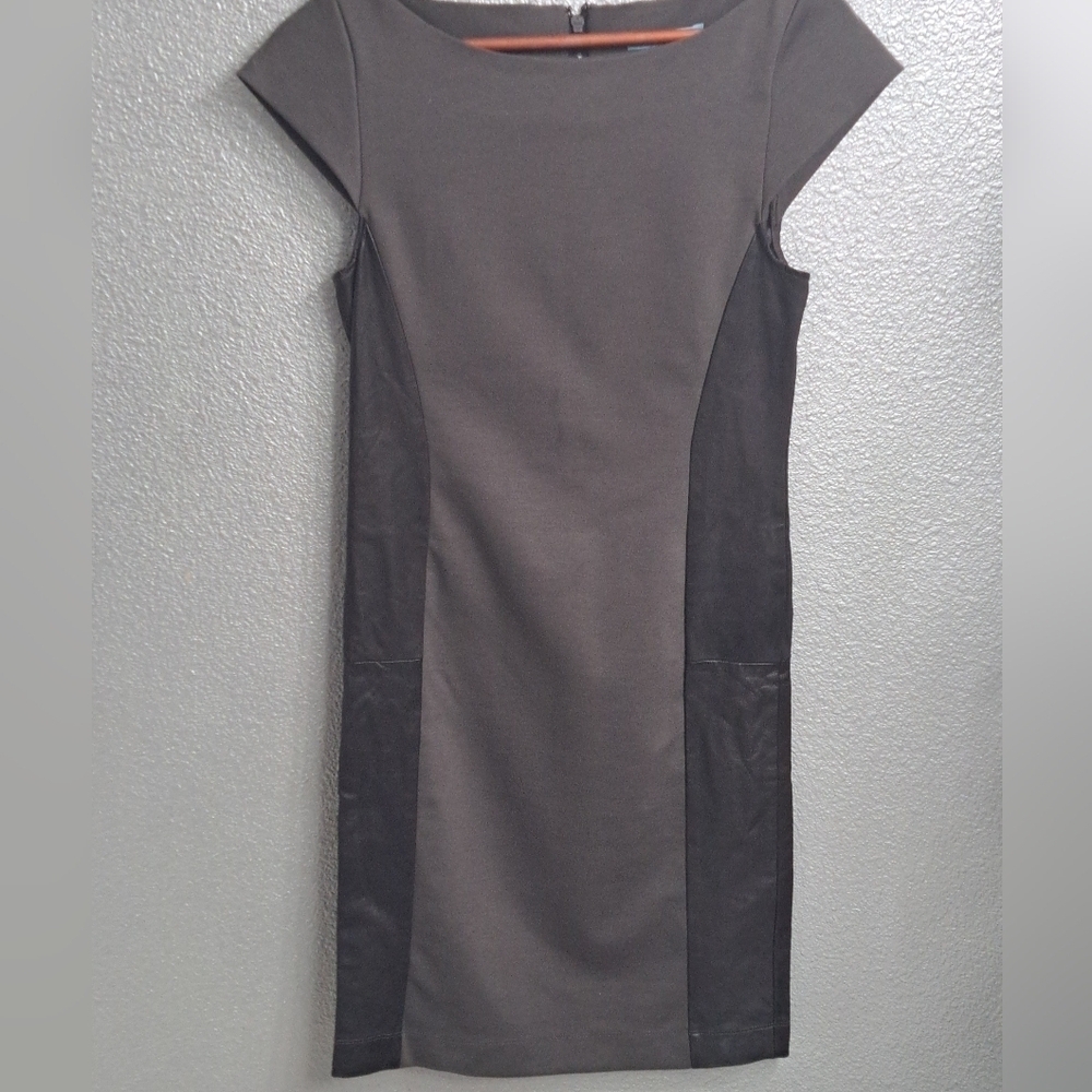 Alice & Olivia Grey Sheath Midi Dress With Black Leather Panels